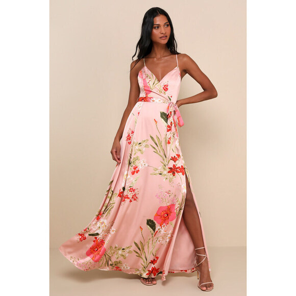 Lulus Dresses & Skirts - Still the One Blush Pink Floral Print Satin Maxi Dress